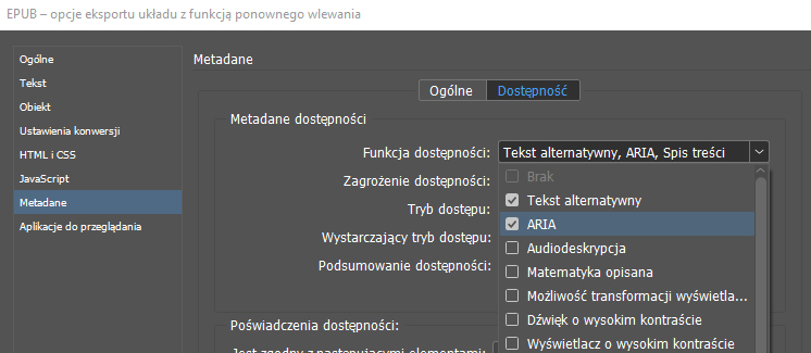 EPUB - opcje eksportu układu z funkcją ponownego wlewania – metadane panel dostępność