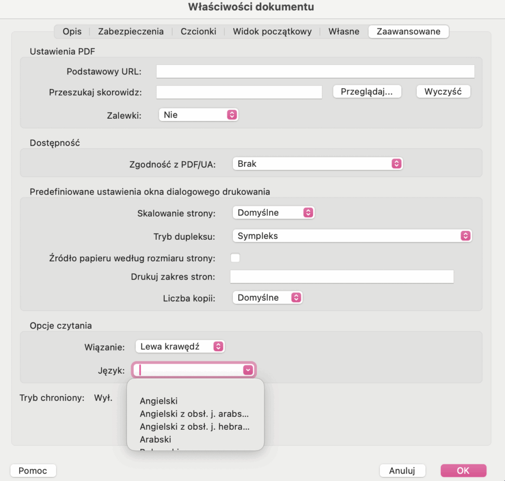 Adobe Acrobat, właściwości - edycja języka czytania