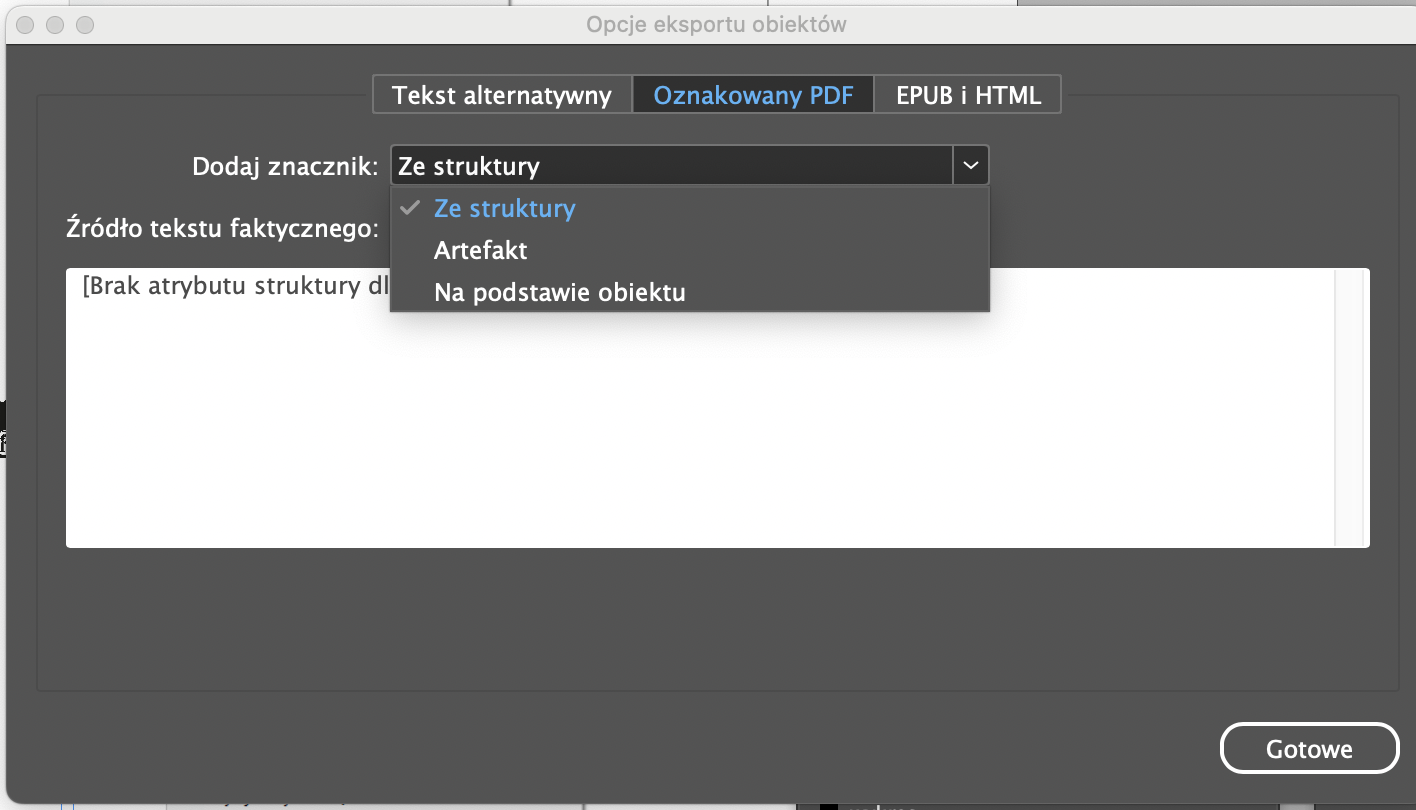 Okienko "Oznakowany PDF" w Adobe InDesign