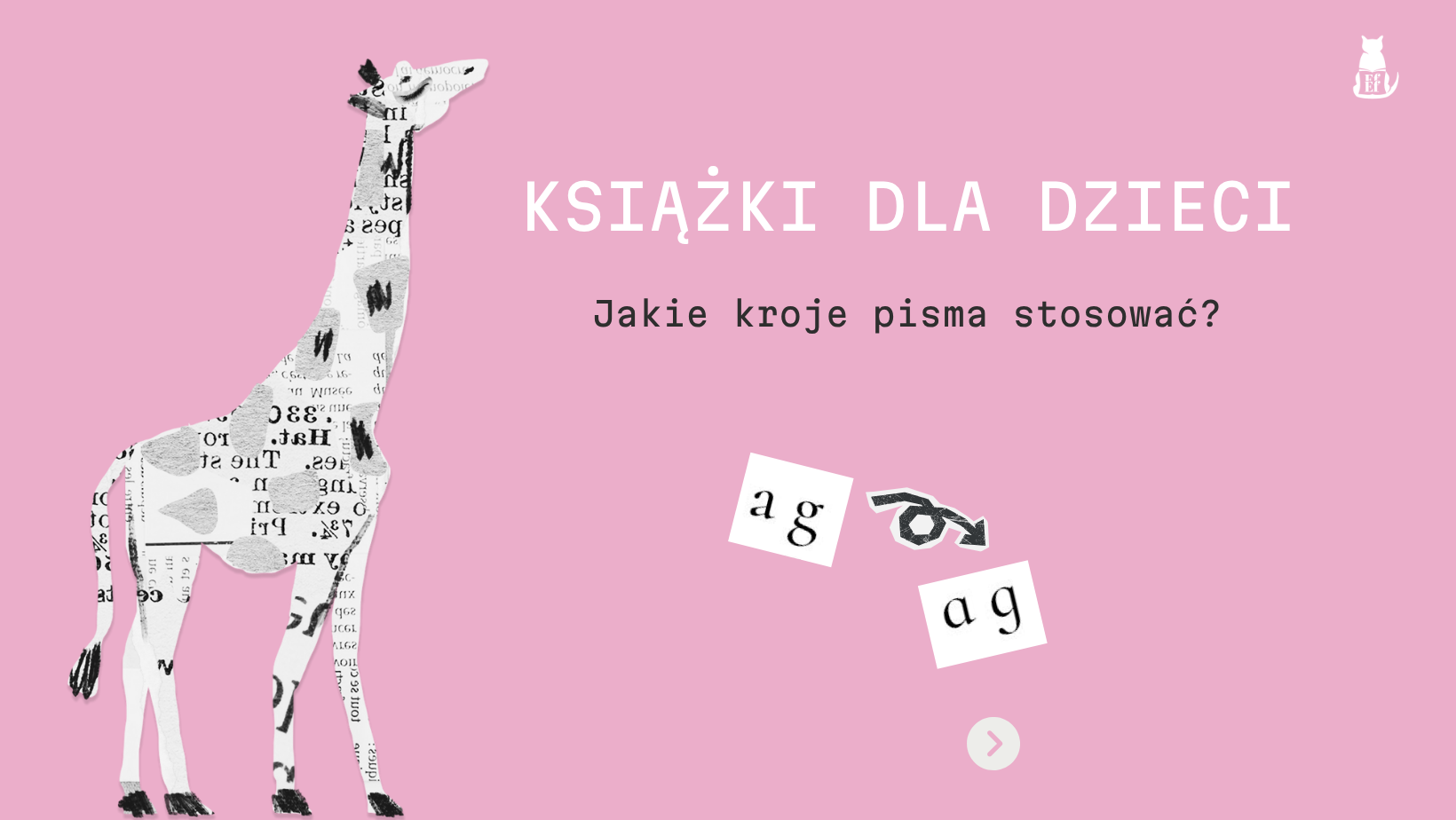 Książka dla dzieci jaki font stosować – grafika z wyciętą z gazety żyrafą i tytułem posta