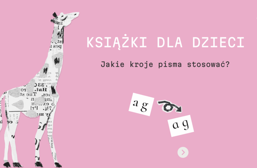 Książka dla dzieci jaki font stosować – grafika z wyciętą z gazety żyrafą i tytułem posta